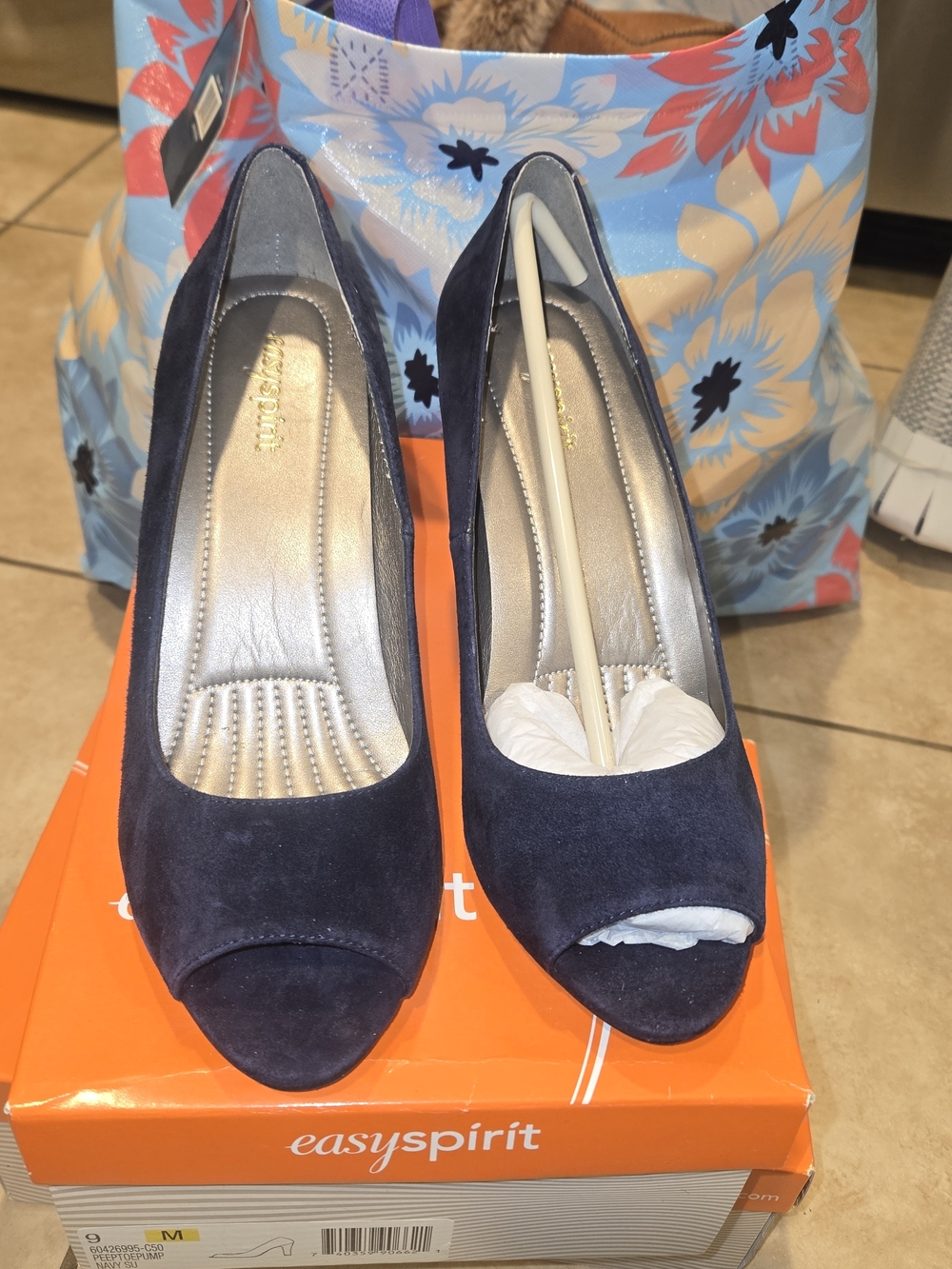 Easy Spirit Navy Suede Peep-Toe Heels